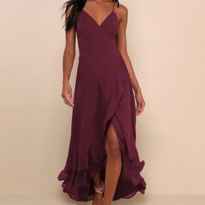 In Love Forever Plum Lace-Up High-Low Maxi Dress - XS